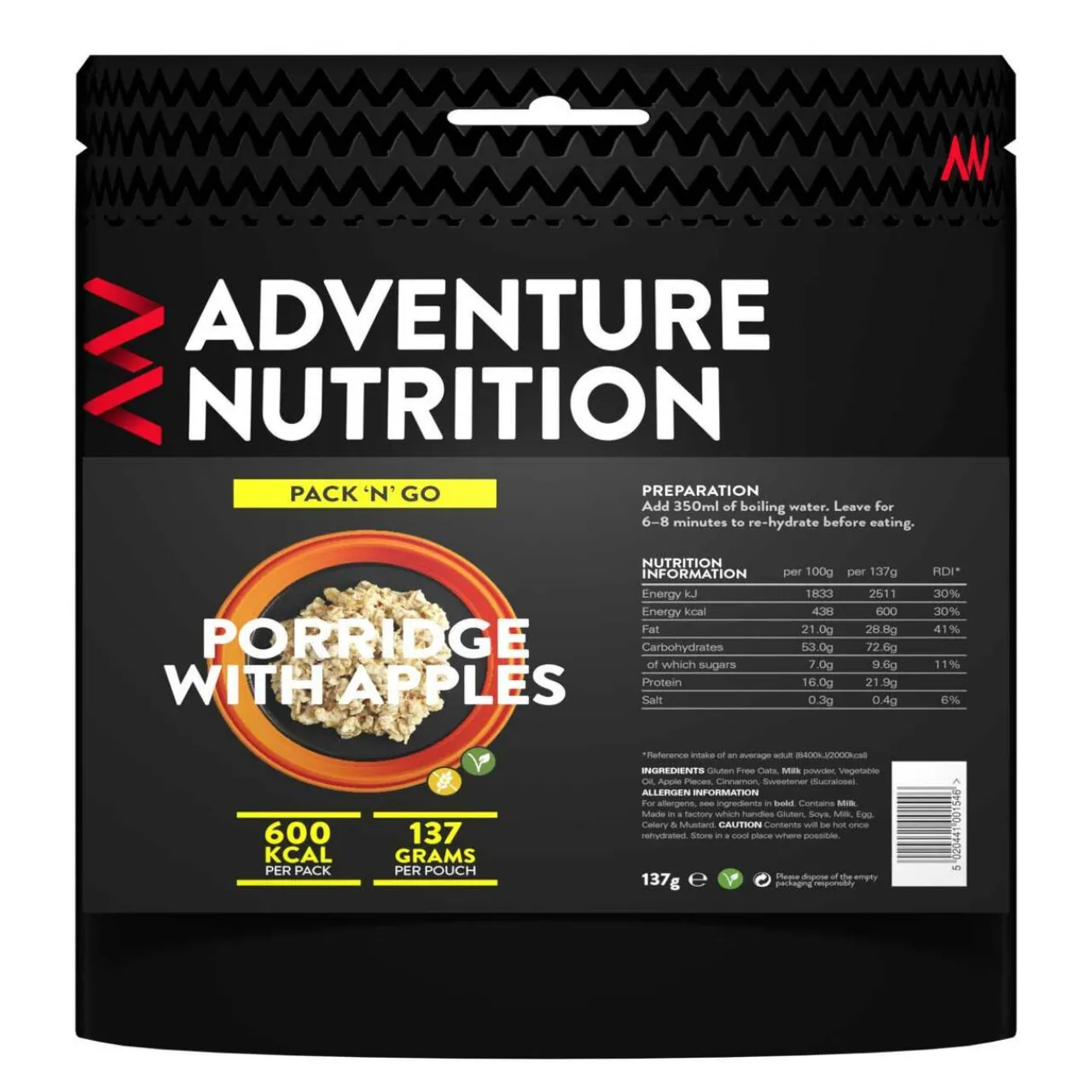 Adventure Nutrition Pack 'N' Go 600 Kcal Porridge with Apples