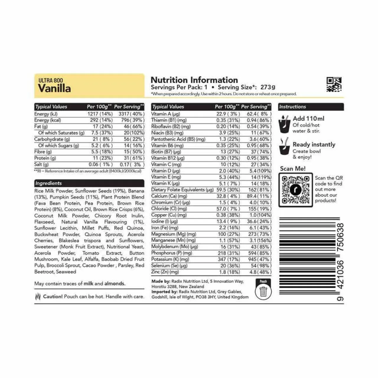 Radix Nutrition Ultra Vanilla Breakfast - 800kcal